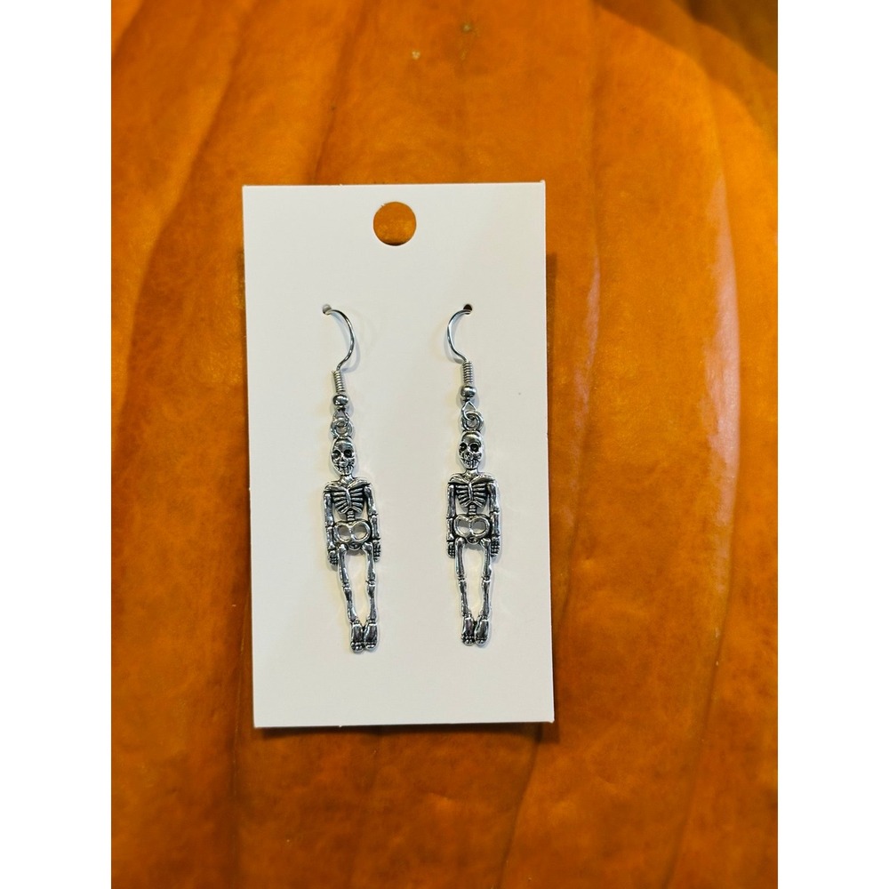 Silver Skeleton Drop Earrings Dangle Earrings on hooks‎ Halloween, spooky, skull